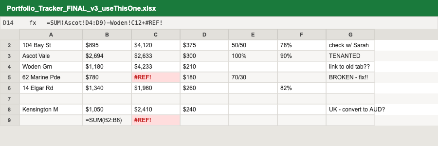 A messy multi-tab spreadsheet portfolio tracker with broken formulas and unclear references