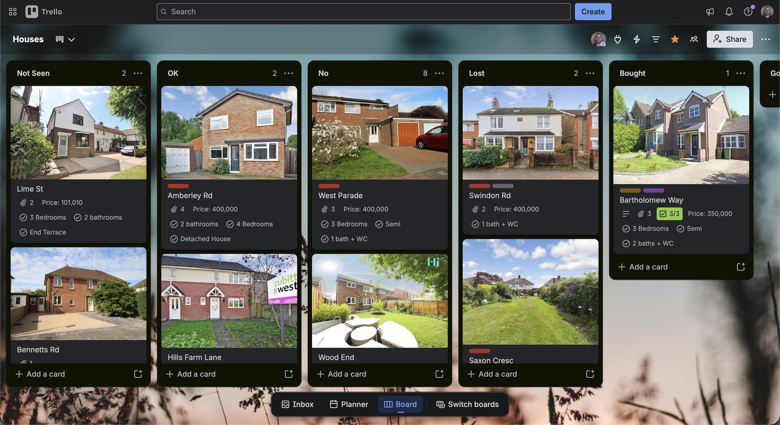 Real Trello board with Not Seen, OK, No, Lost, and Bought columns full of property listing cards