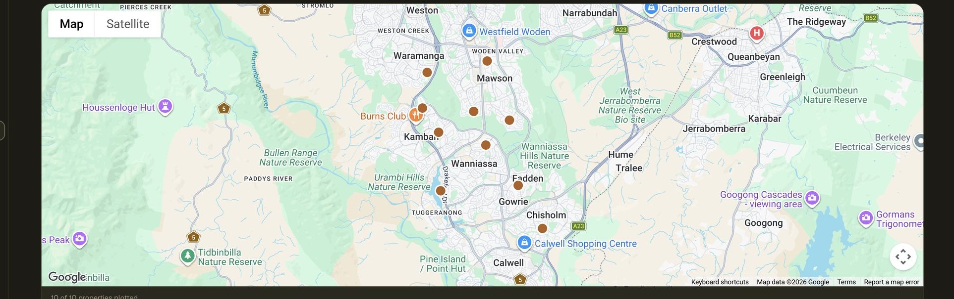 Map view of shortlisted property locations