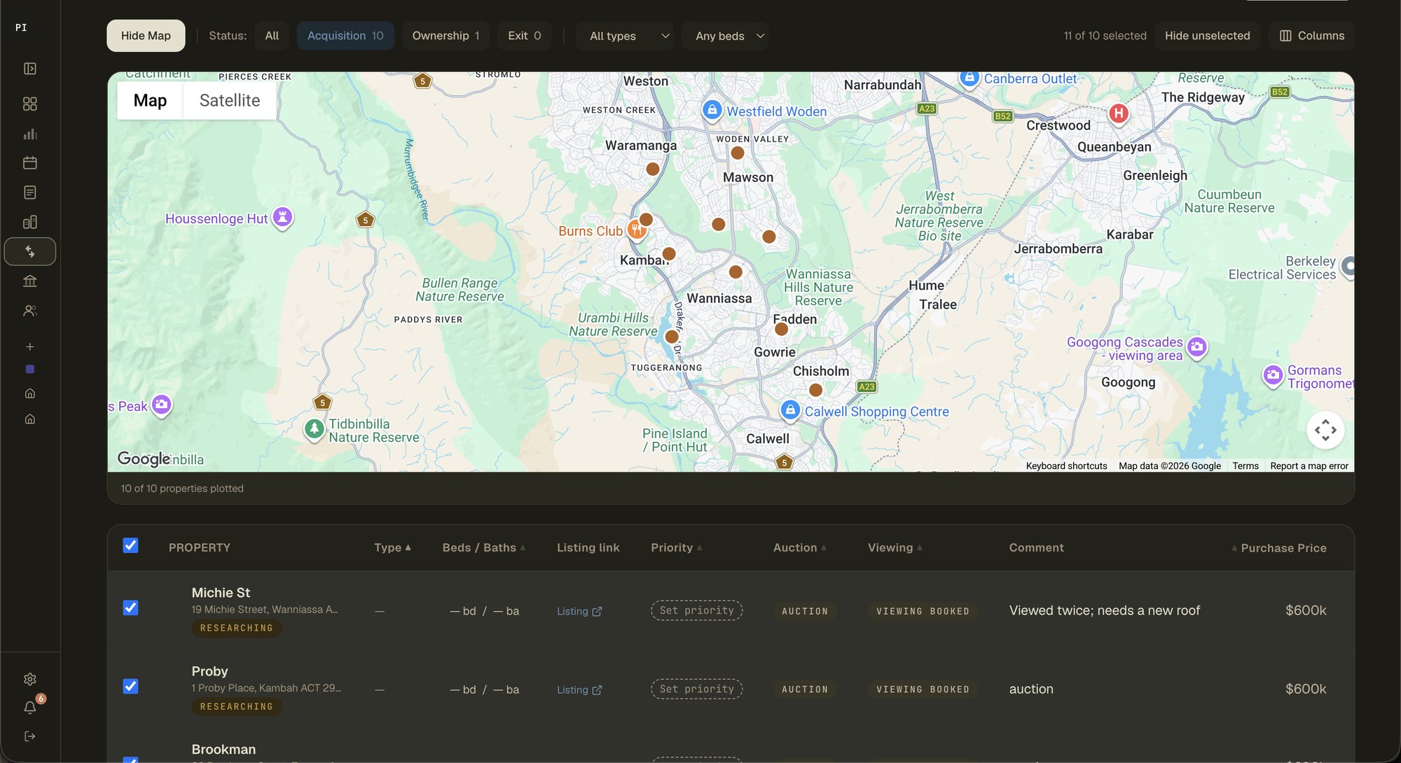 The Property Insights Compare view: a map of shortlisted properties alongside a table with status, priority, auction and viewing dates, notes, and purchase price